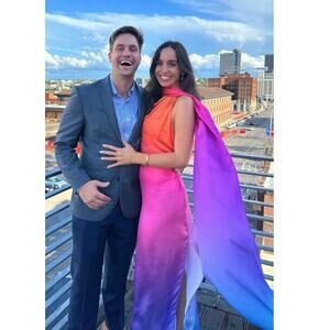 BAOBAB Orange Pink Purple Satin Shift Open Back One Shoulder Ombre Ari Gown L